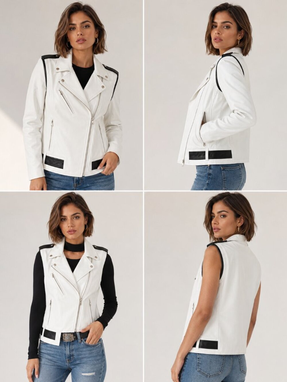 VEDA Baby Jane White Leather Moto Jacket Zip-Off Sleeves Vest Size S